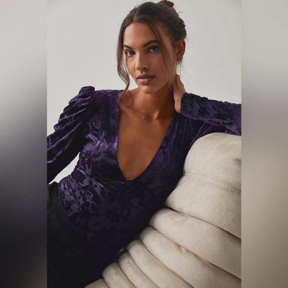 Free People Magic Hour Velvet Bodysuit in Deep Sea Combo Medium MSRP $98 FP108 - Picture 5 of 9